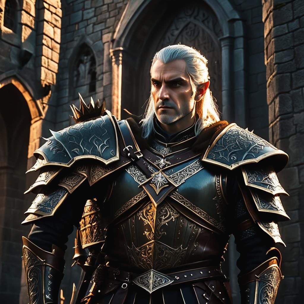 King Half-Elf Witcher in Ornate Armor at Dusk