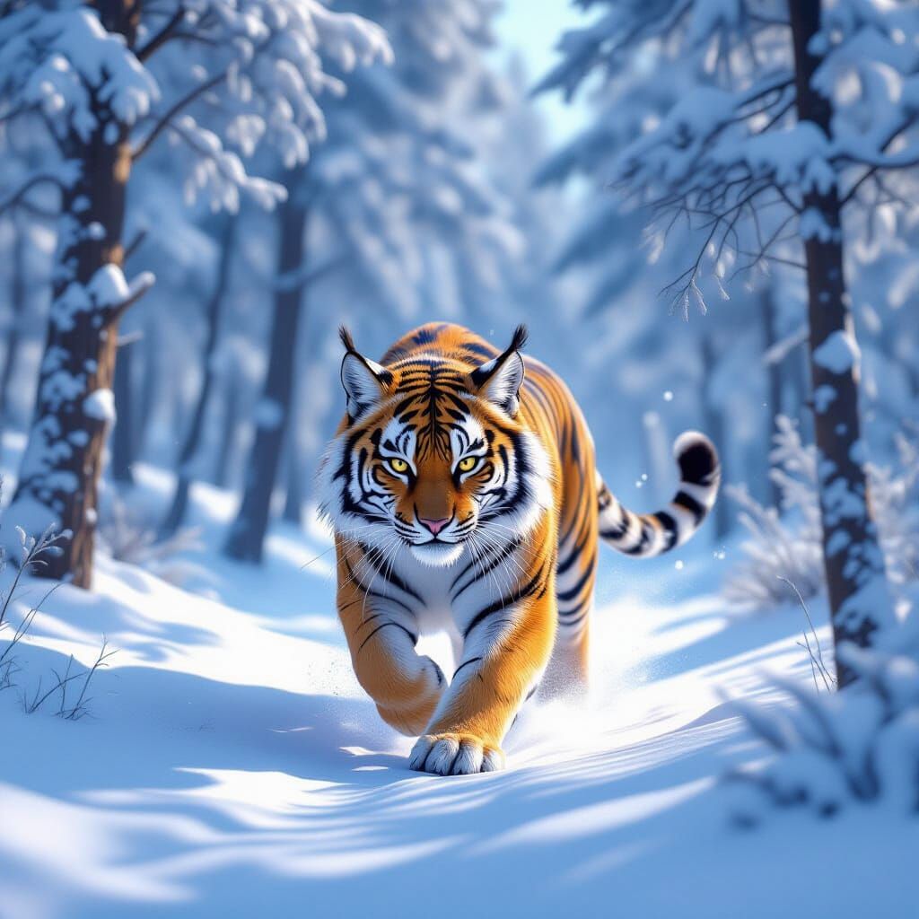 Tiger-Lynx Running in Snowy Forest: 3D Anime Art