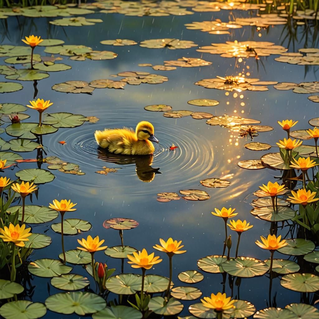 Adorable Duckling in Sunset Pond, Alcohol Ink Style