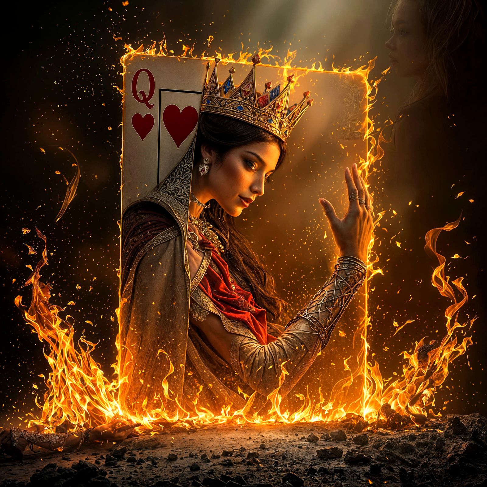 Queen of Hearts Reaching for Alice in Burning World