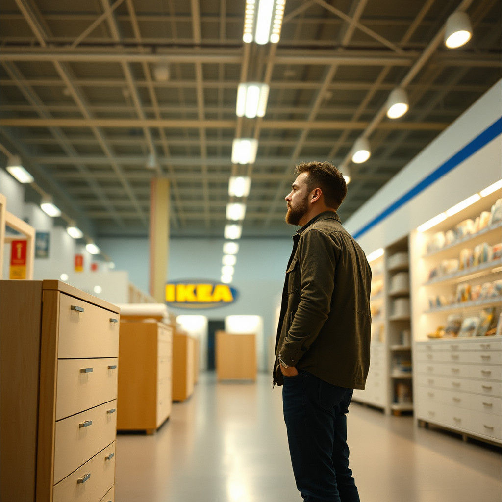 IKEA Shopper Inspects MALM Dresser: Cinematic Film Still
