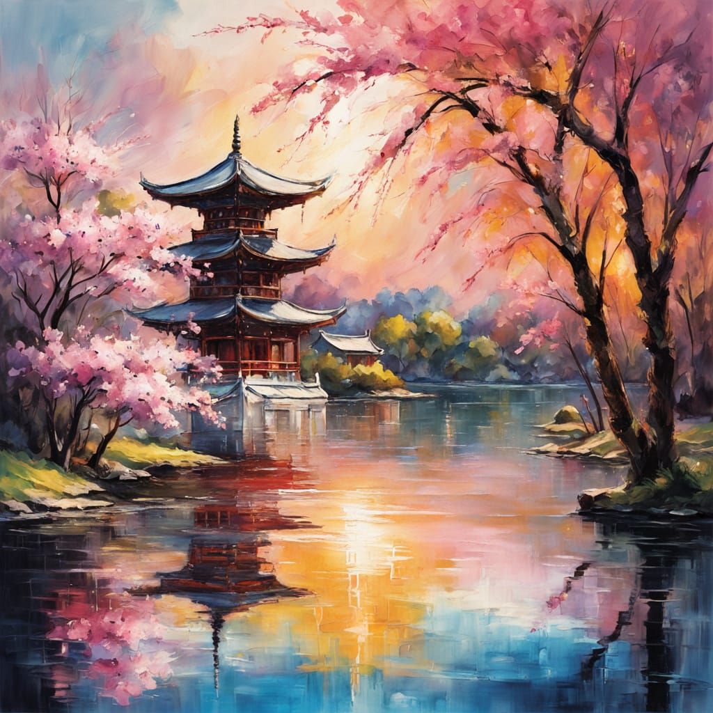 Pagoda Reflected in Lake Under Sakura, Abstract Expressionis...