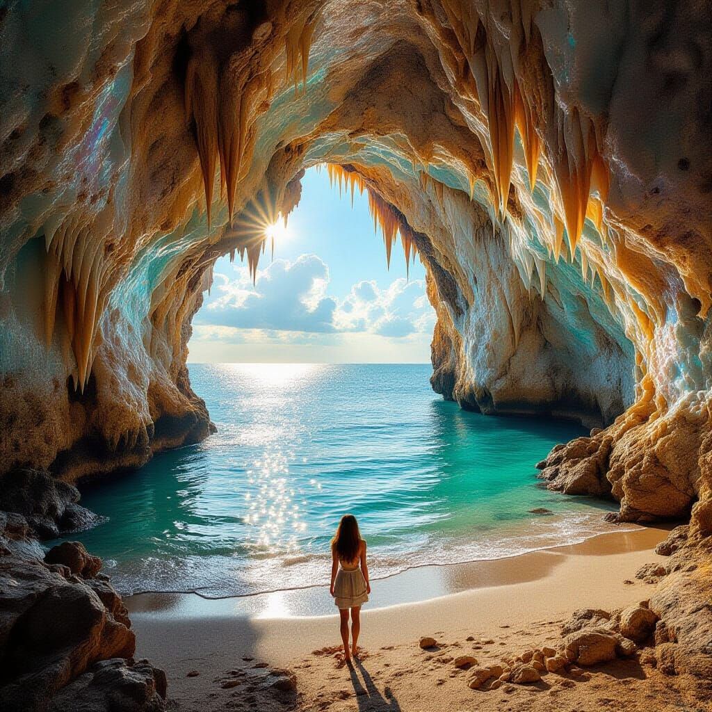 Stunning Cave Interior With Sparkling Lake and Ocean View