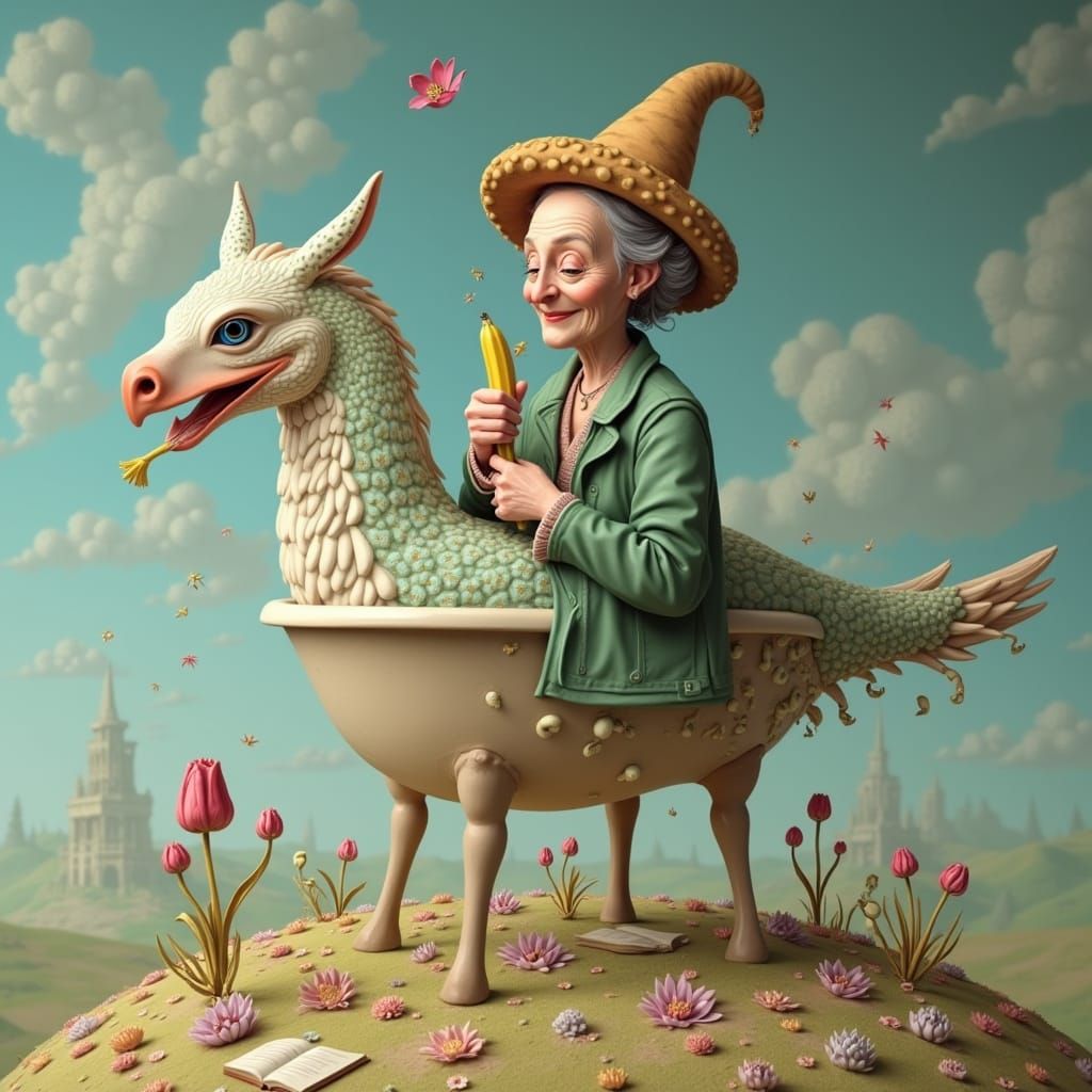 Surreal Old Woman and Child in Flower Meadow