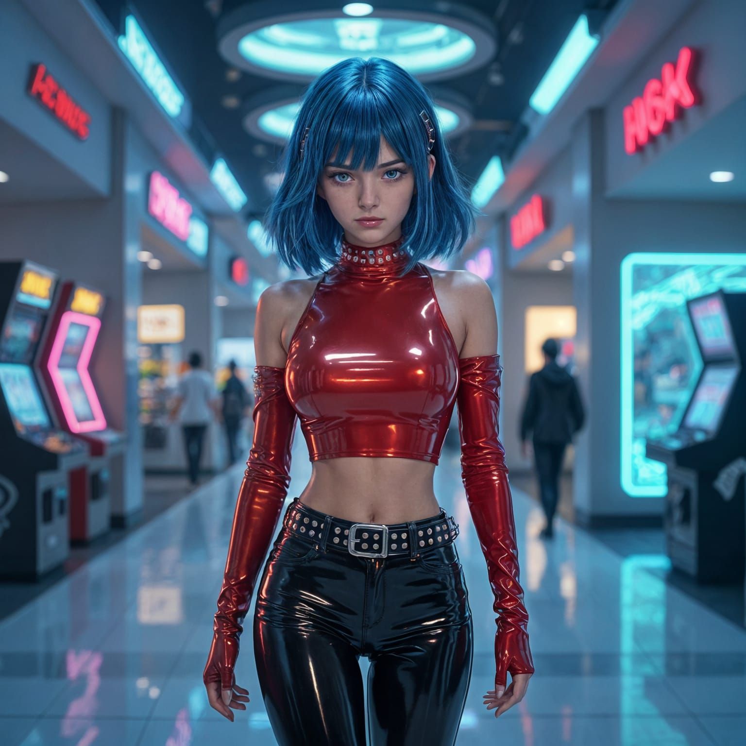 Cyberpunk Girl in Latex Outfit Strolls Futuristic Mall