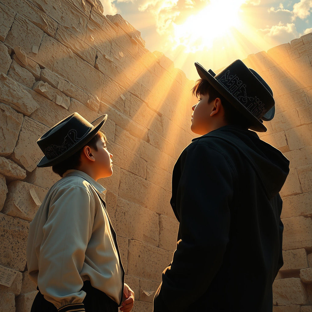 Boys Praying at Western Wall in Matte Painting Style