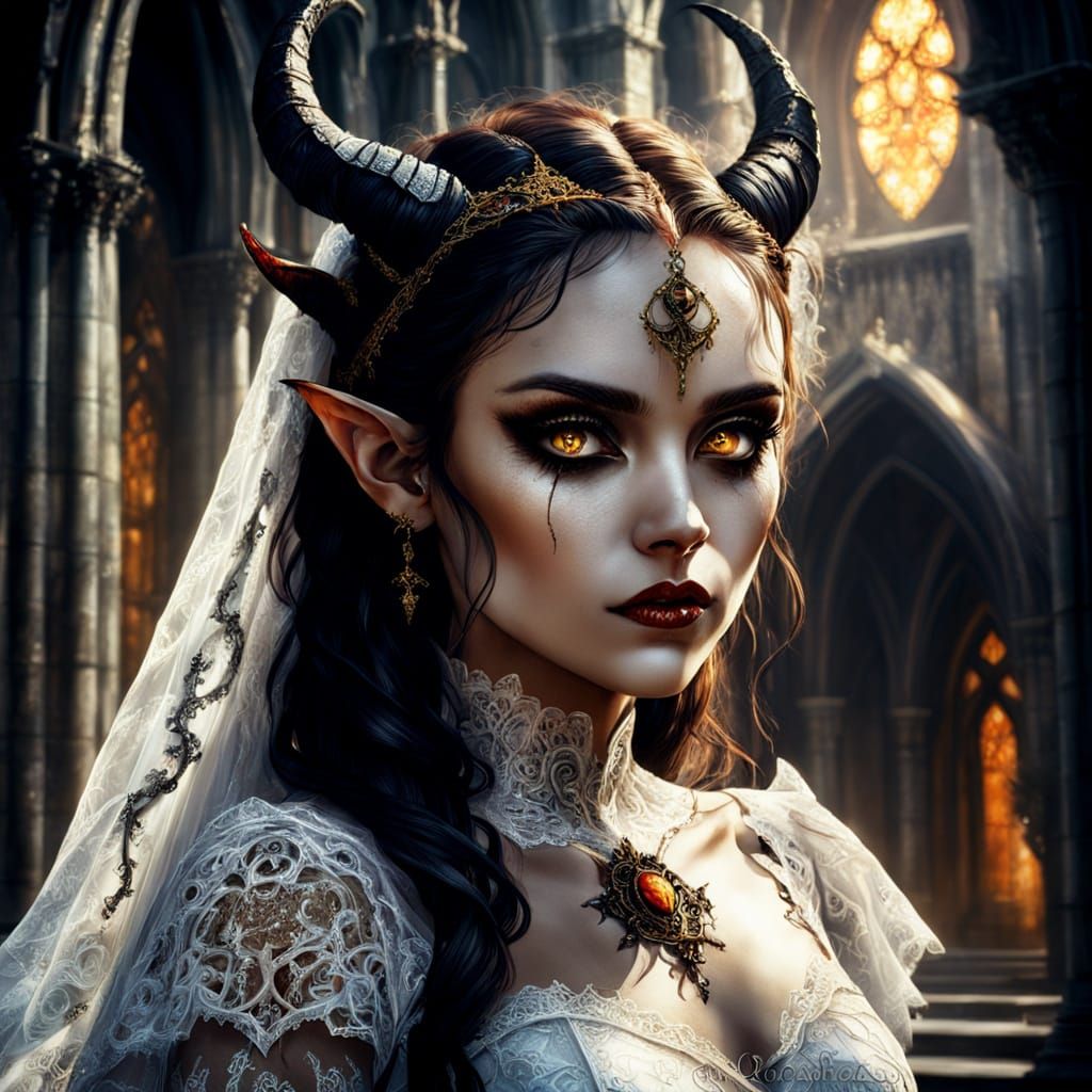 Tiefling Bride in Gothic Cathedral, Dark Fantasy Art