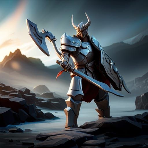 Futuristic Silver Dragonborn Warrior with Magic Axe