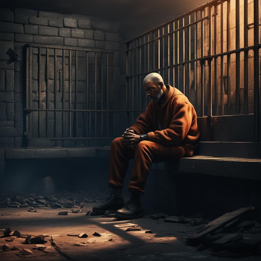 Depressed Man in Lonely Prison Cell: Detailed Matte Painting