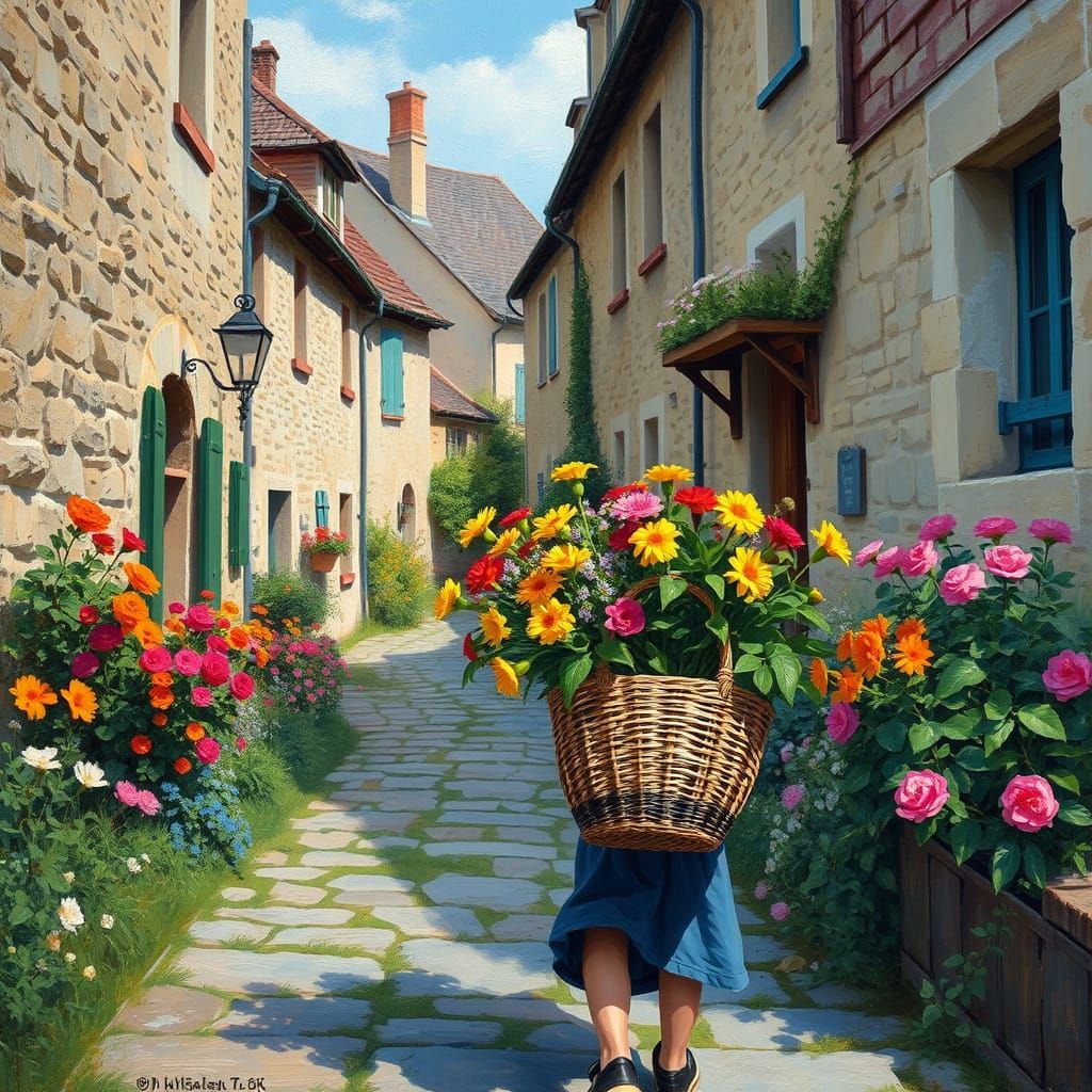 Boy With Flowers in Neo-Impressionist Village Scene