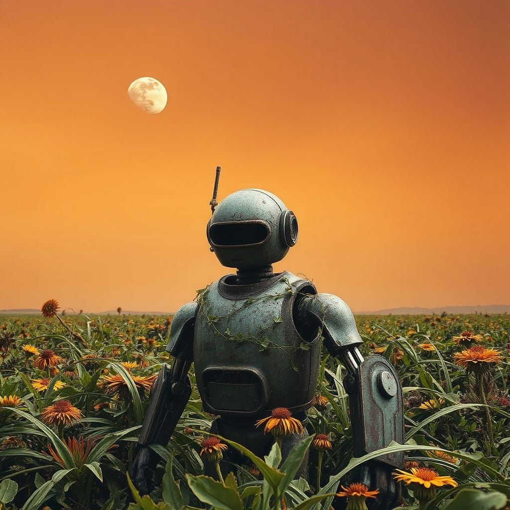 Vintage Robot in Alien Field: Digital Art