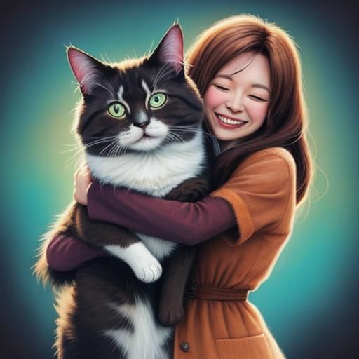 Girl Hugs Cat in Random Colors