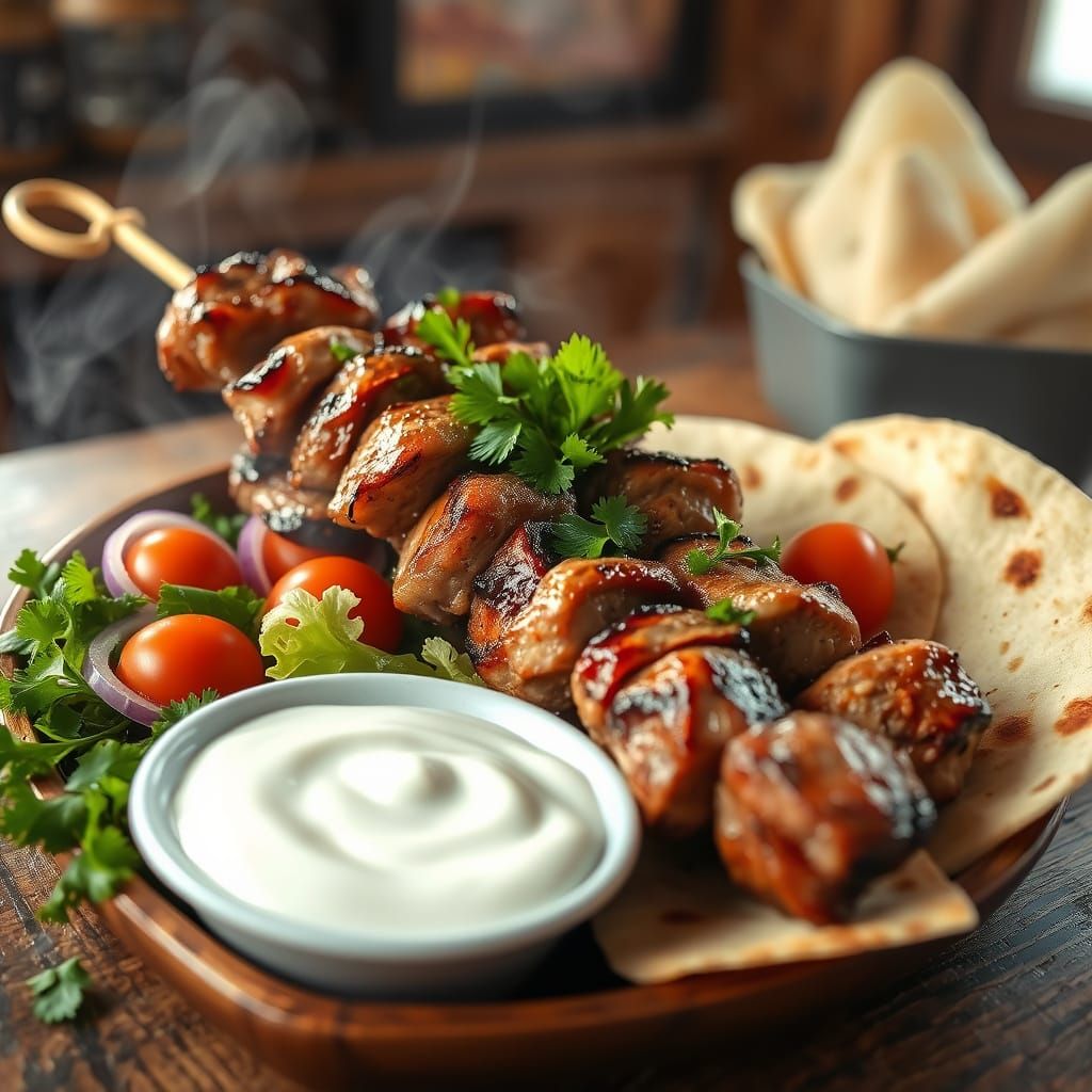 **„Gegrillte Hähnchenspieße auf Fladenbrot mit Gemüse und Jo...