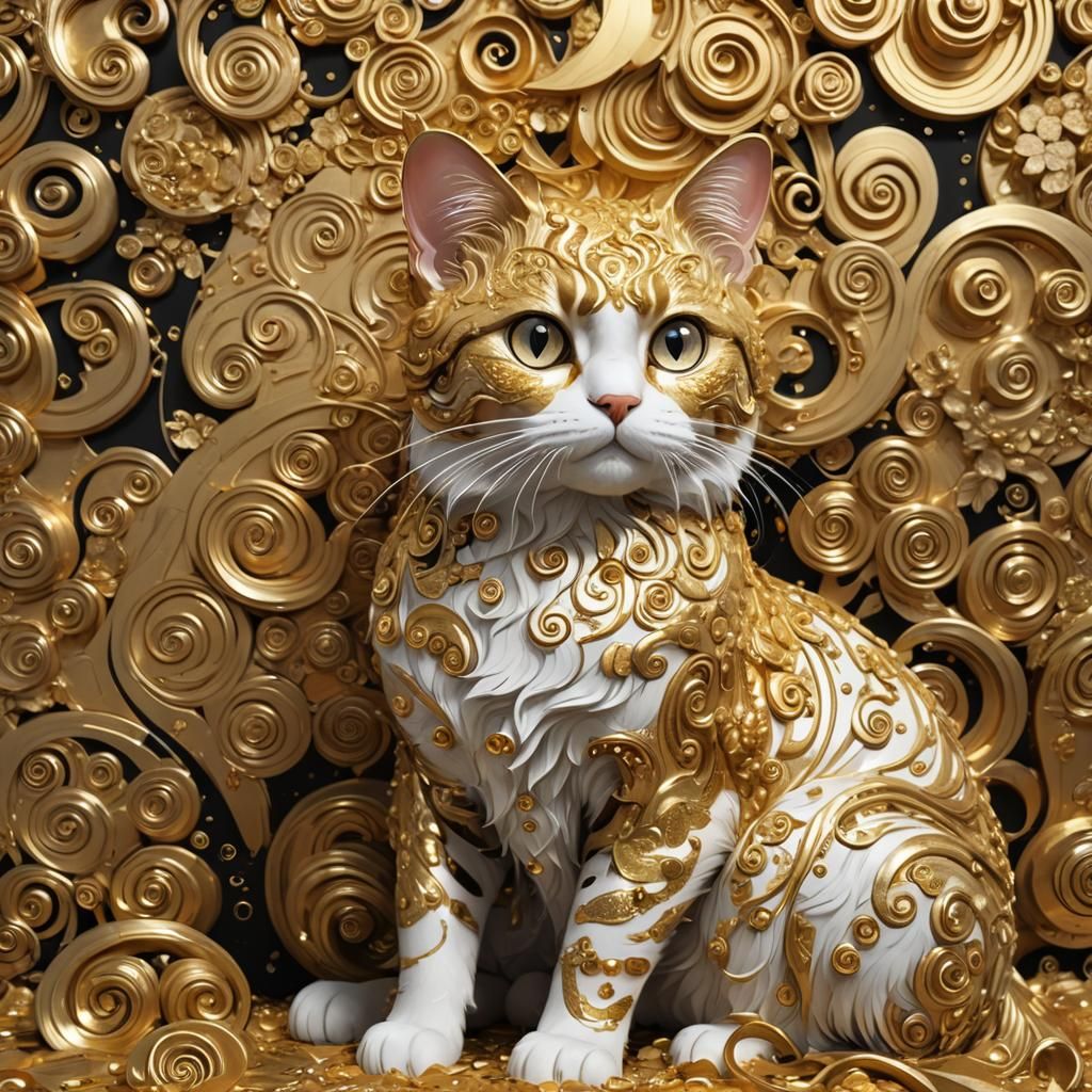 Anime Cat with Gold Leaf Swirls in Cubist Style