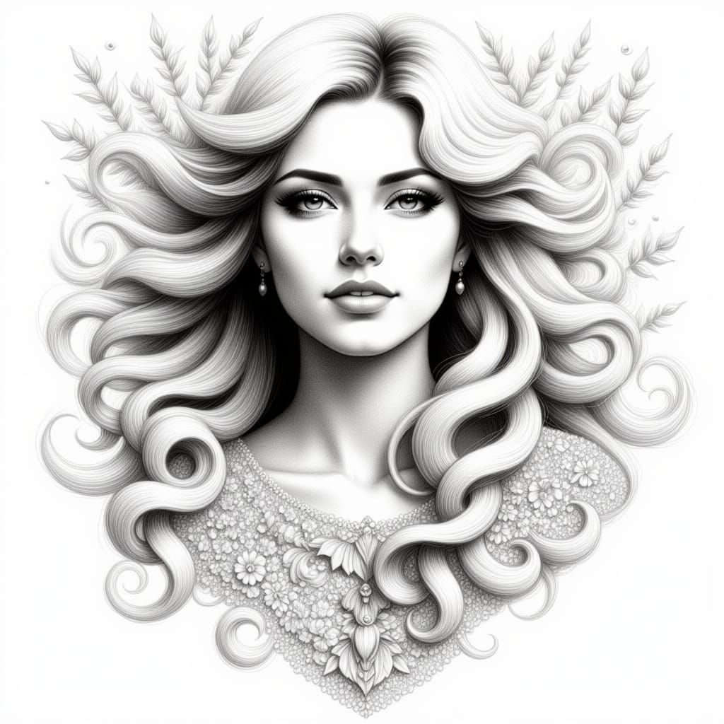 Ethereal Wind Goddess in Monochromatic Pencil Drawing