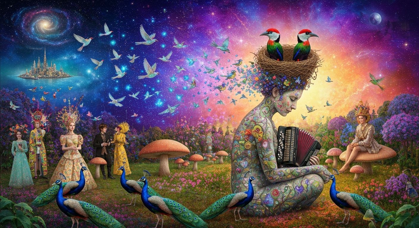 Ethereal Woman Transforms into Birds Amid Cosmic Energy