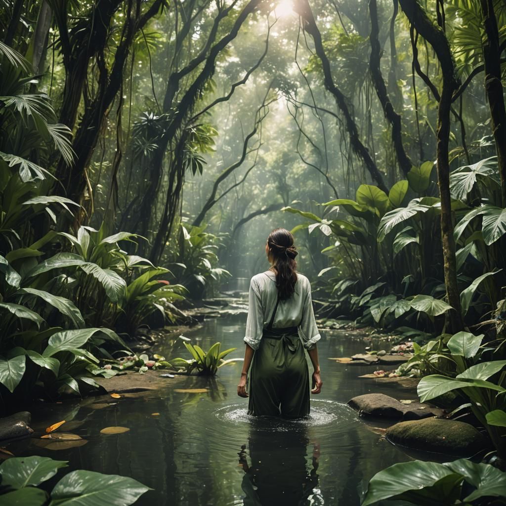 Woman in Jungle Oasis with Water