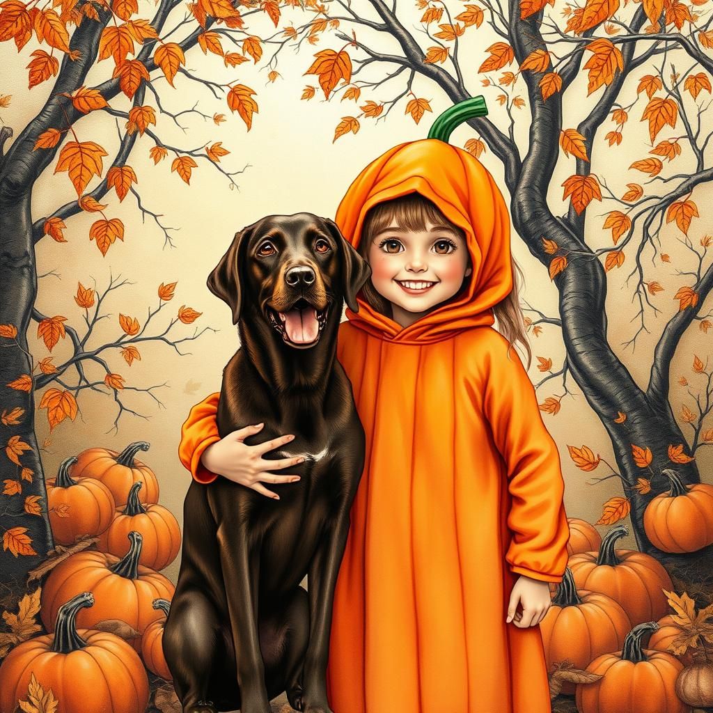 Girl in Pumpkin Costume with Dog, Ink Painting Background