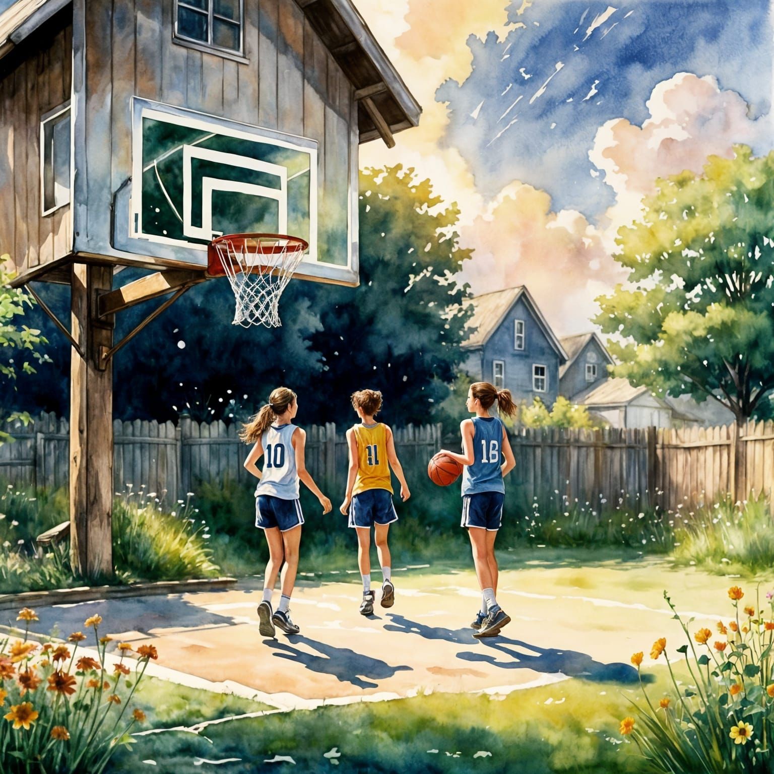 Rural Teens Playing Basketball: Watercolor Impression