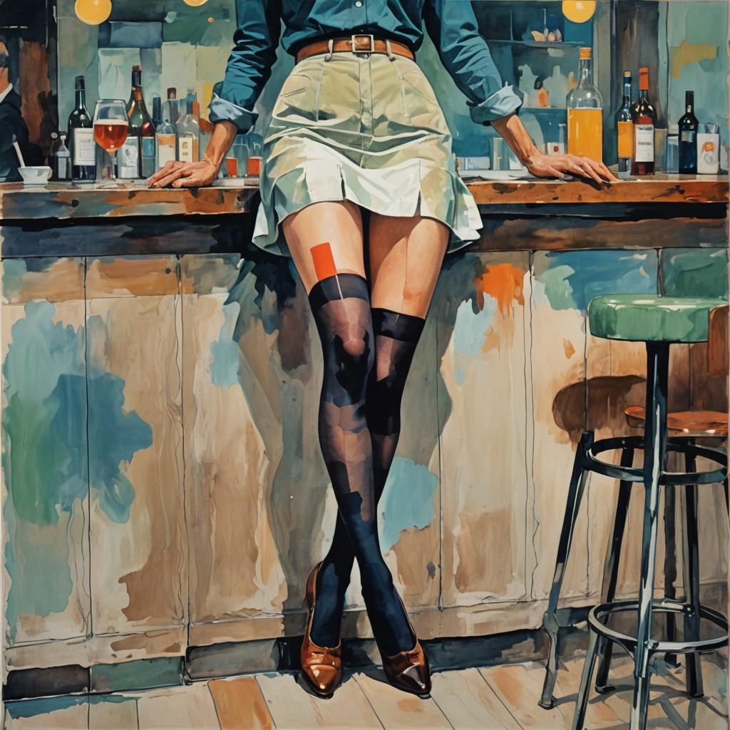 Elegant Woman in Stockings at the Bar, Impasto Illustration