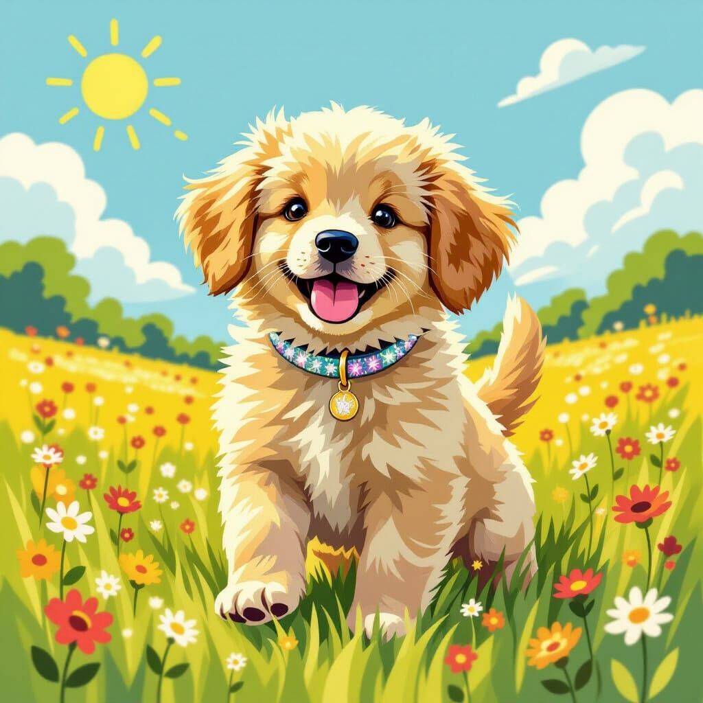 Fluffy Rainbow Puppy in Sunny Meadow