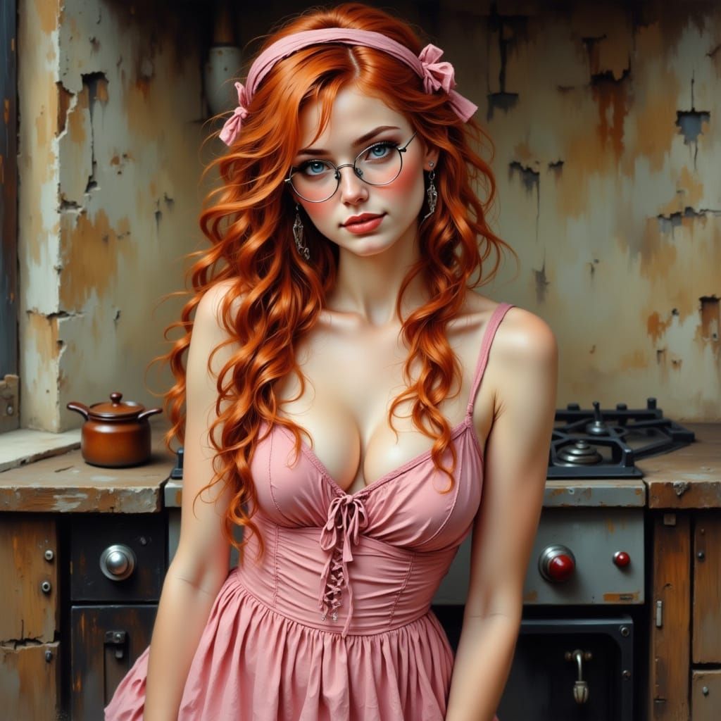 Romantic Farmland Scene with Redhead in Vintage Attire