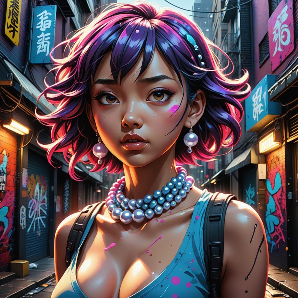Mysterious Anime Woman in Vibrant Graffiti Alley