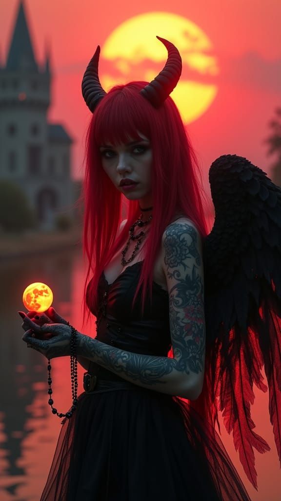 Dark Fantasy Model on Runway with Moon and Candle