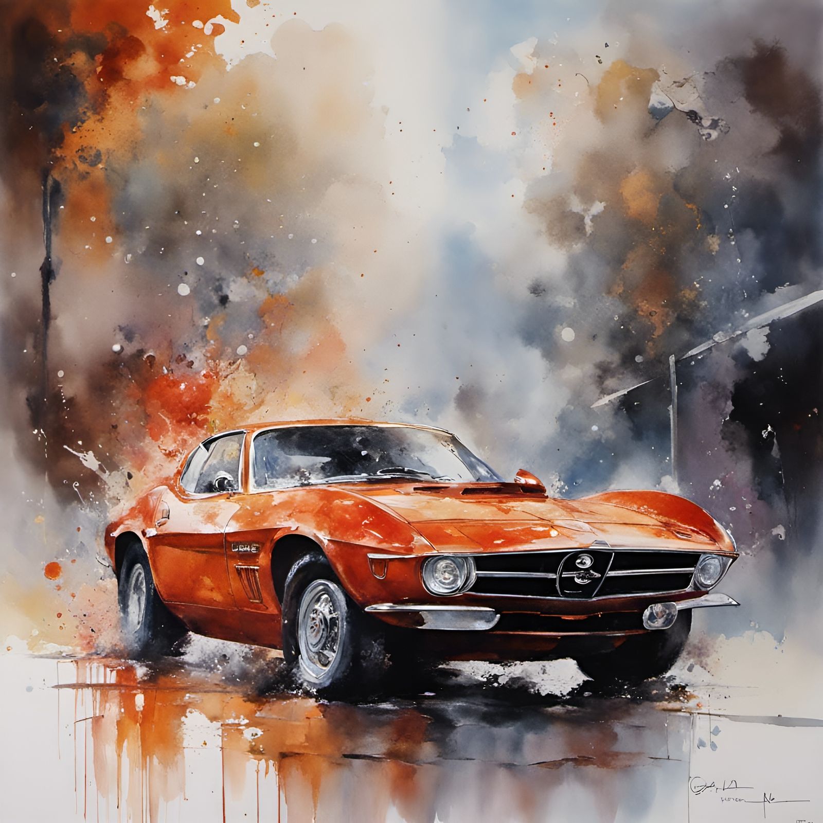 Fiery Sports Car in Surreal Watercolor Eruption