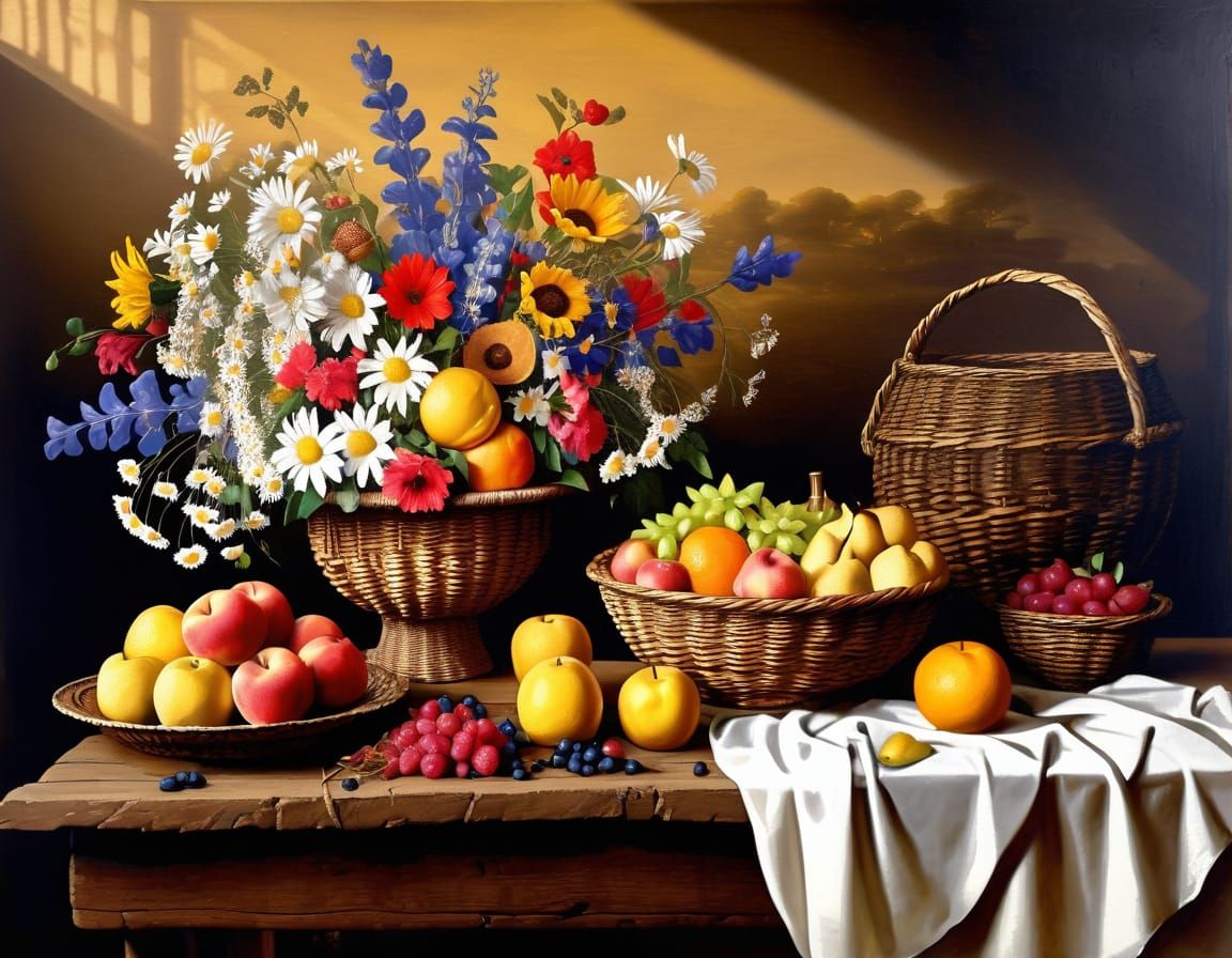 Golden Candlelight Still Life with Fruit and Flowers
