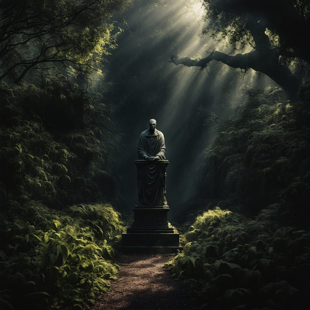 Eerie Garden Statue in Dark Horror Scene
