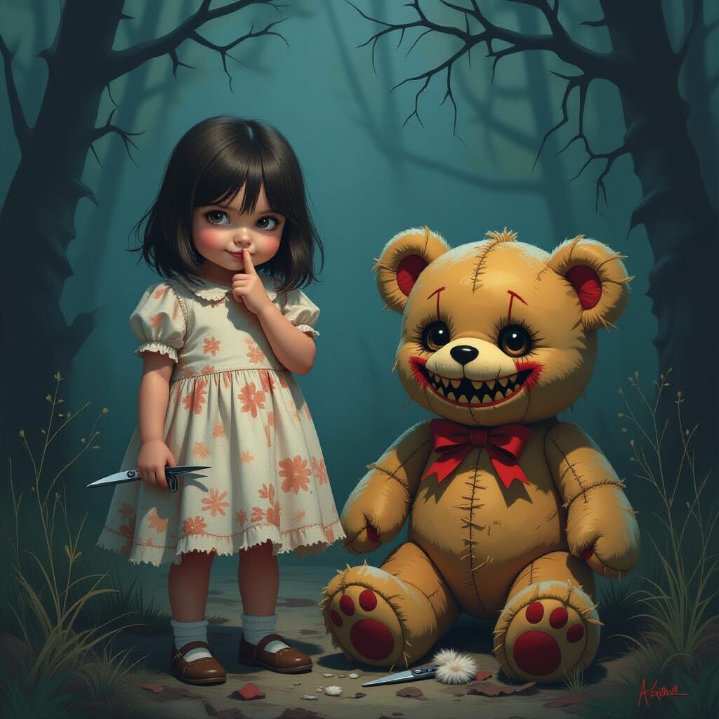 Eerie Girl and Tattered Toy in Dark Atmosphere