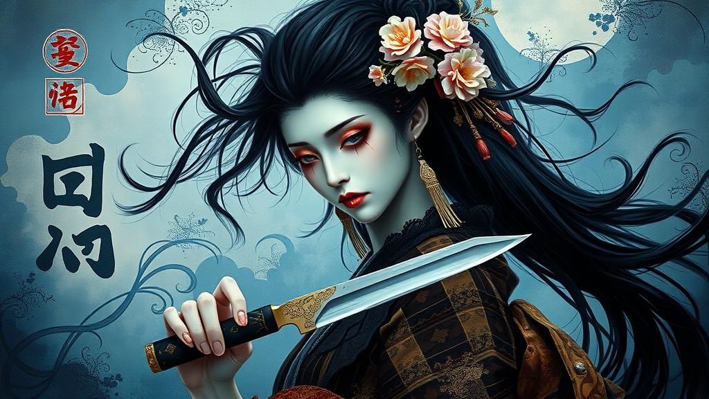 Ethereal Geisha with Knife in Surreal Setting