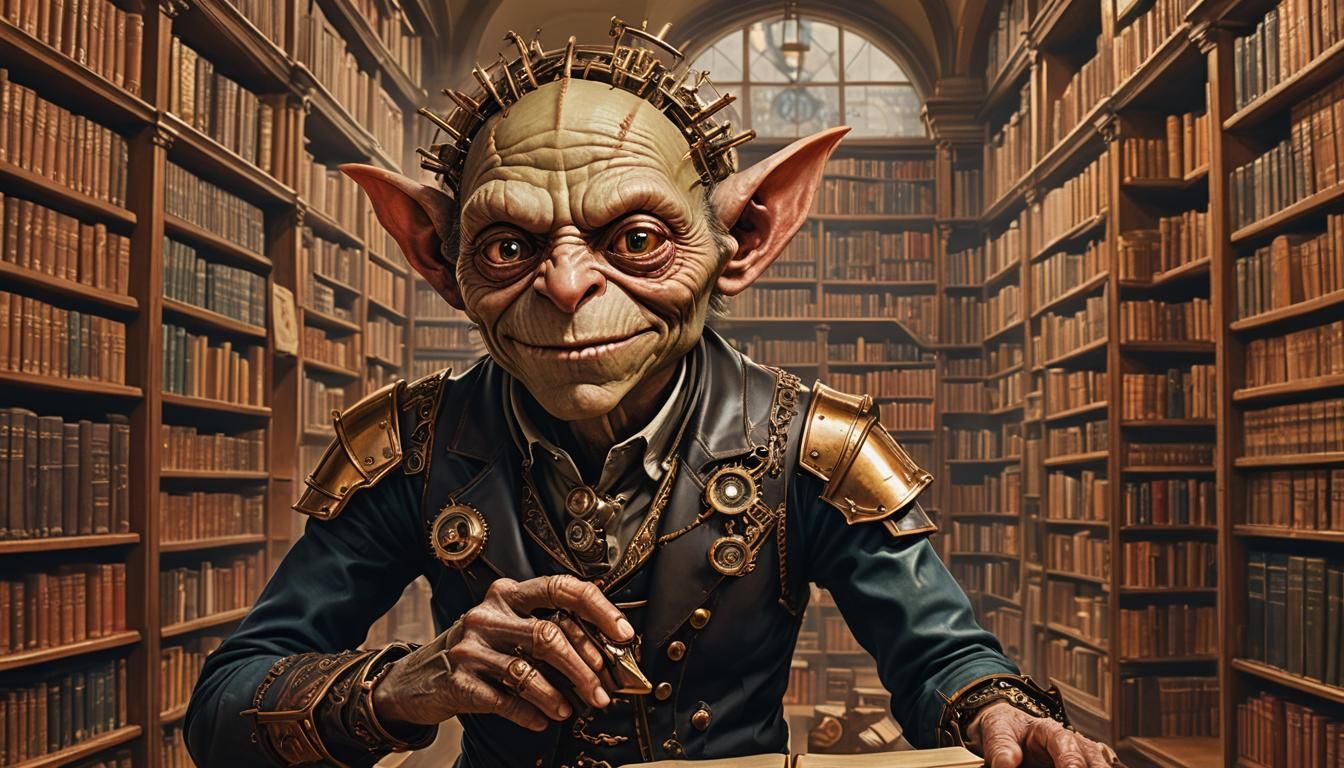 Clockwork Goblin in Library, Hyper-Realistic Digital Art