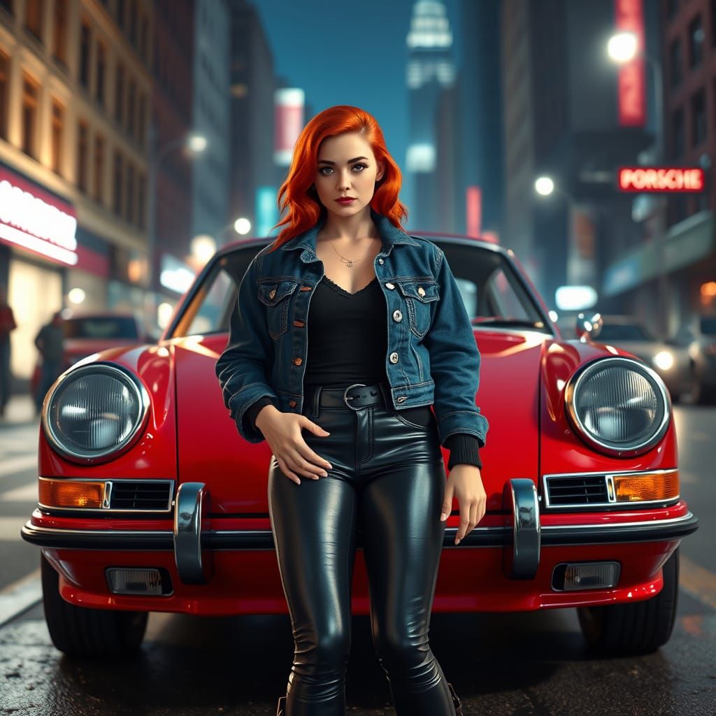 Vintage Pinup Girl Stands Confidently Beside a Red Porsche i...