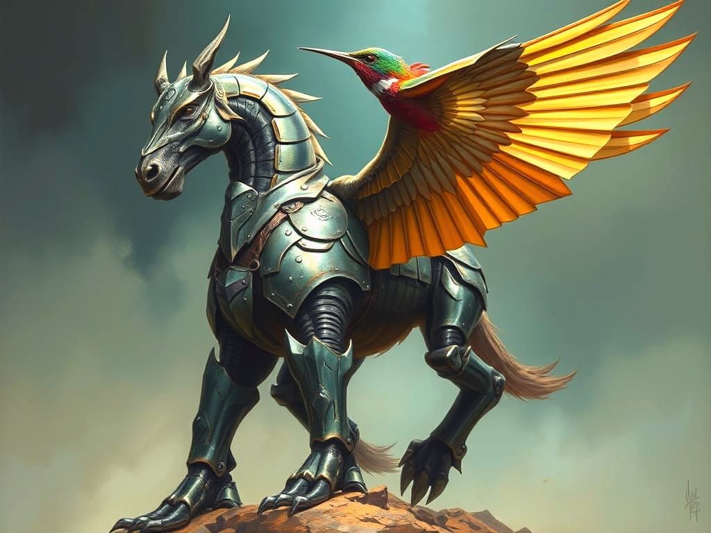 Armored Horse With Hummingbird Head Ready to Fight
