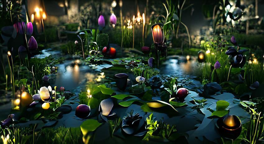 Colorful Midnight Flower Garden with Dramatic Lighting
