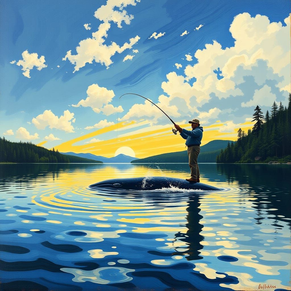 Vibrant Fauvist Painting of a Whale on a Serene Lake