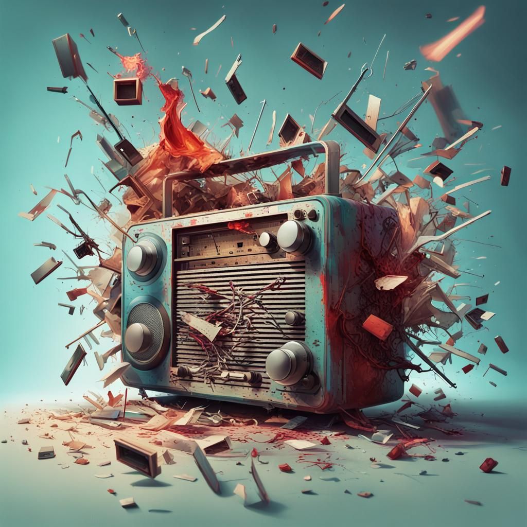 A Radio, blown up into bits and pieces , scattered everywhere, exploding, parts , broken ( bloody music notes flying ...