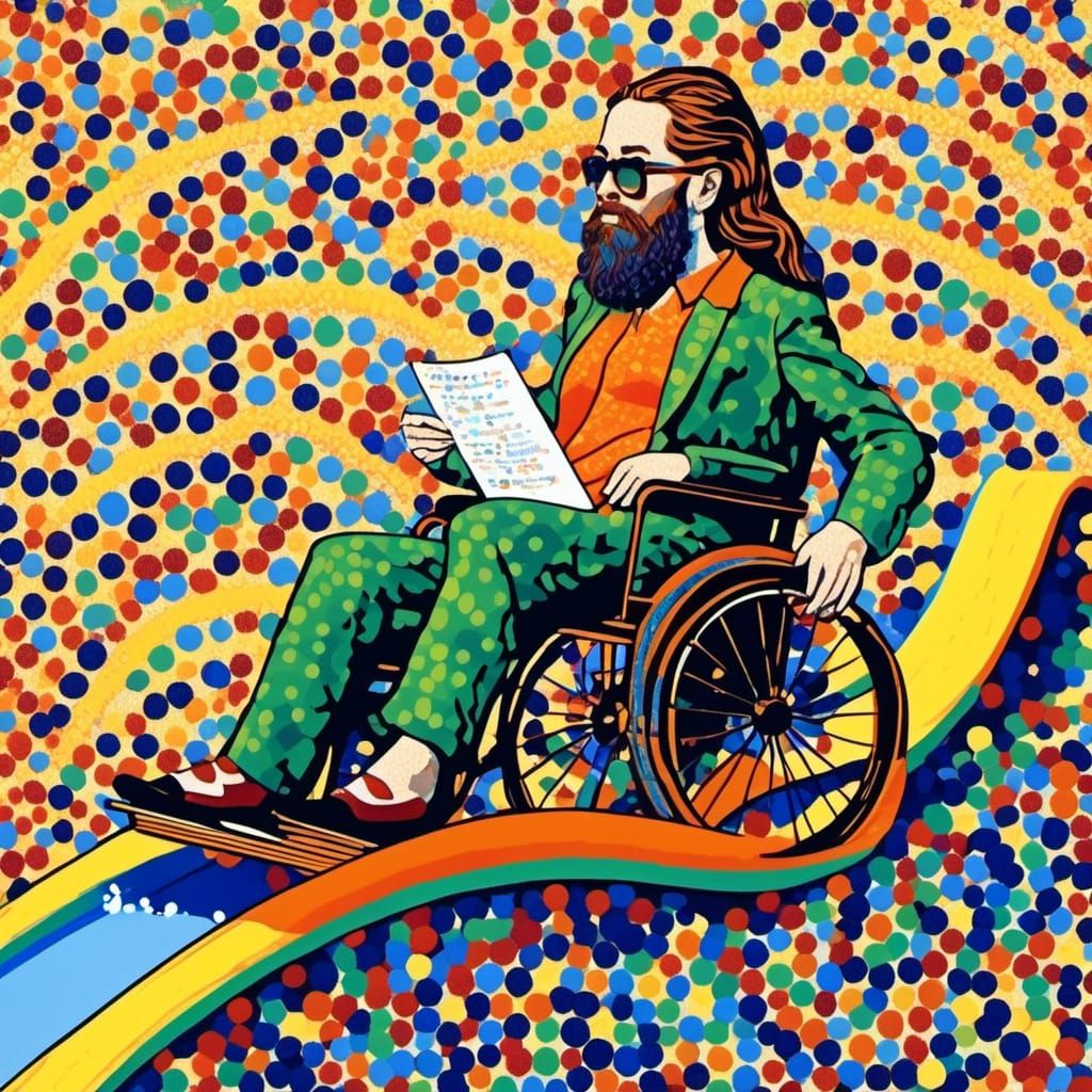 Pointillist Woman on Waterslide in Wheelchair