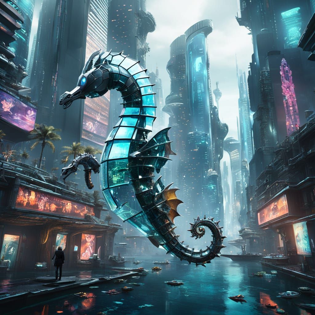 Cyberpunk Seahorse Dives Through Shimmering Coral Reef in Fu...
