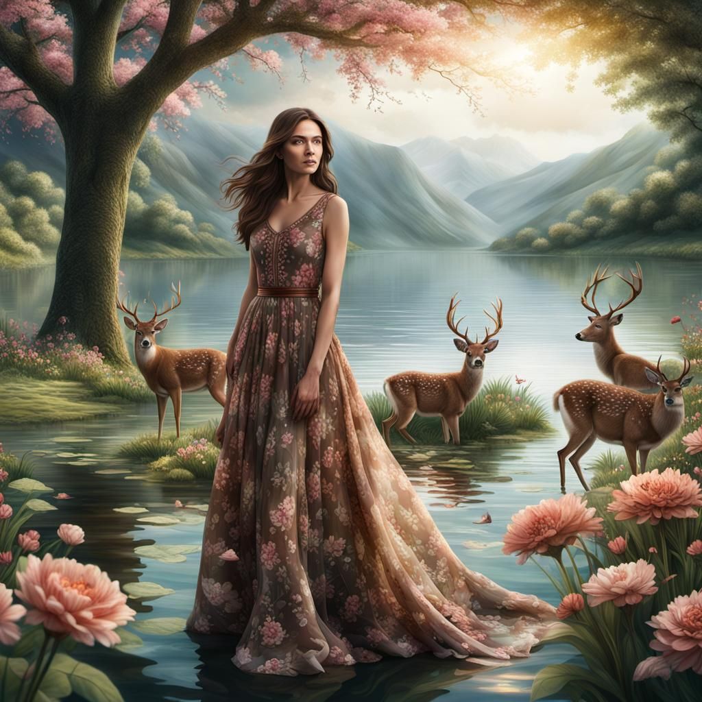 Woman and Deer by Lake in Secret Flower Garden