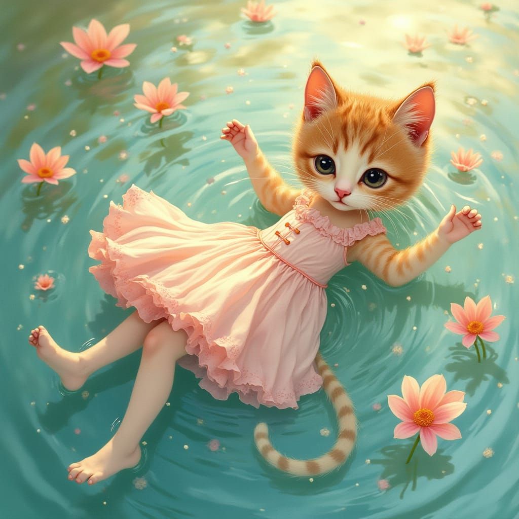 Whimsical Cat Woman Portrait on Water