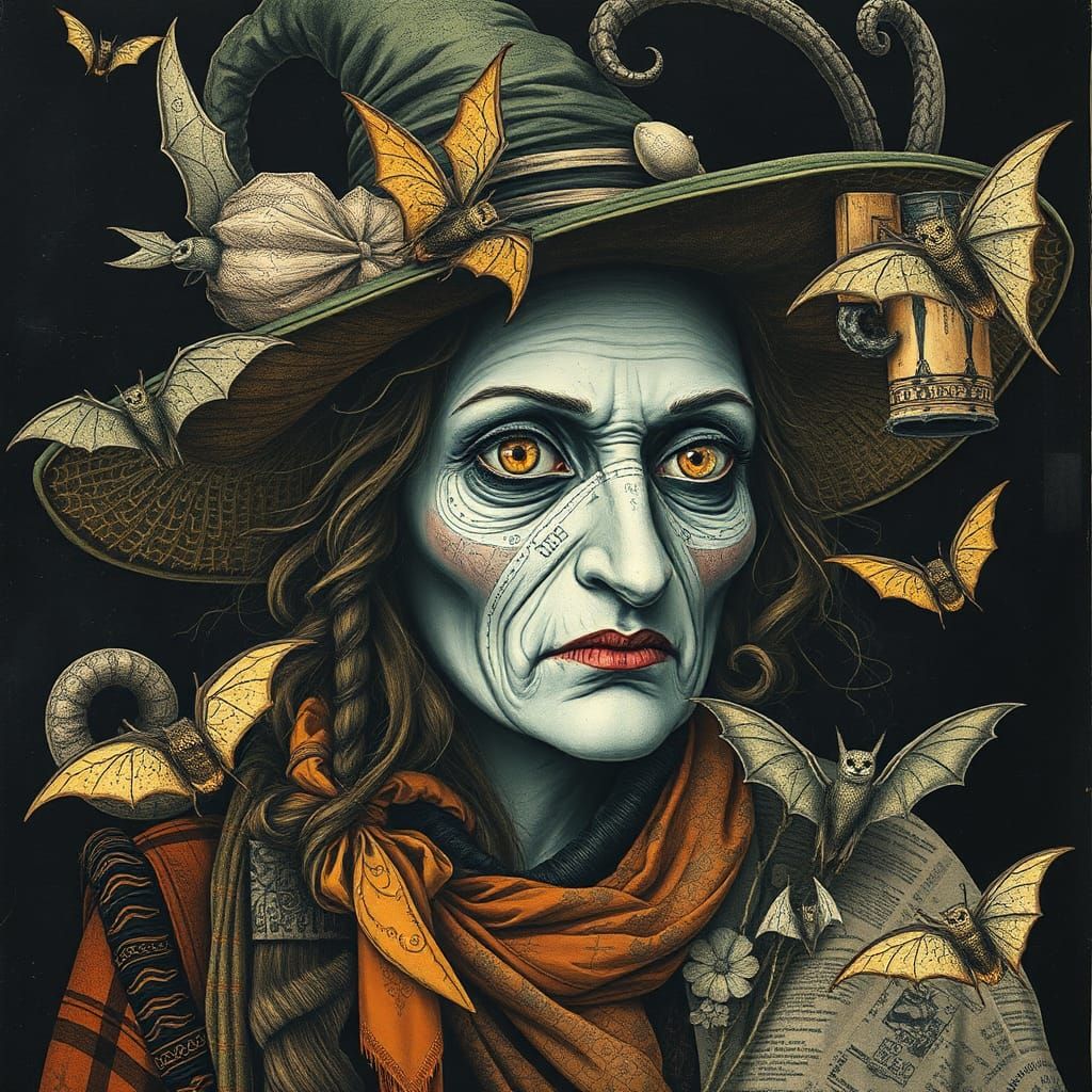 Whimsical Witch Portrait in Alebrije Style