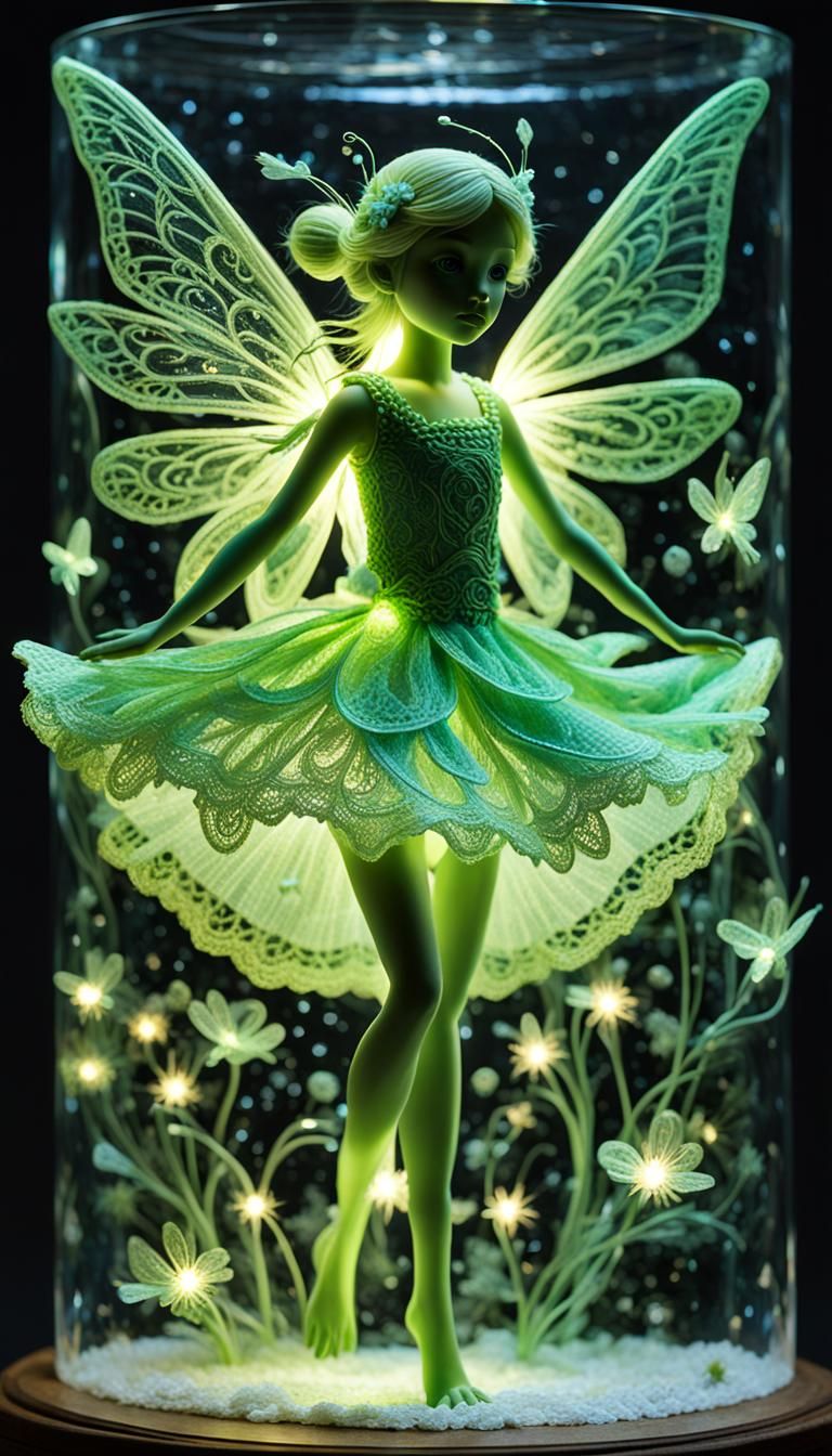Bioluminescence Lime green lace flying tiny fairies Intricat...