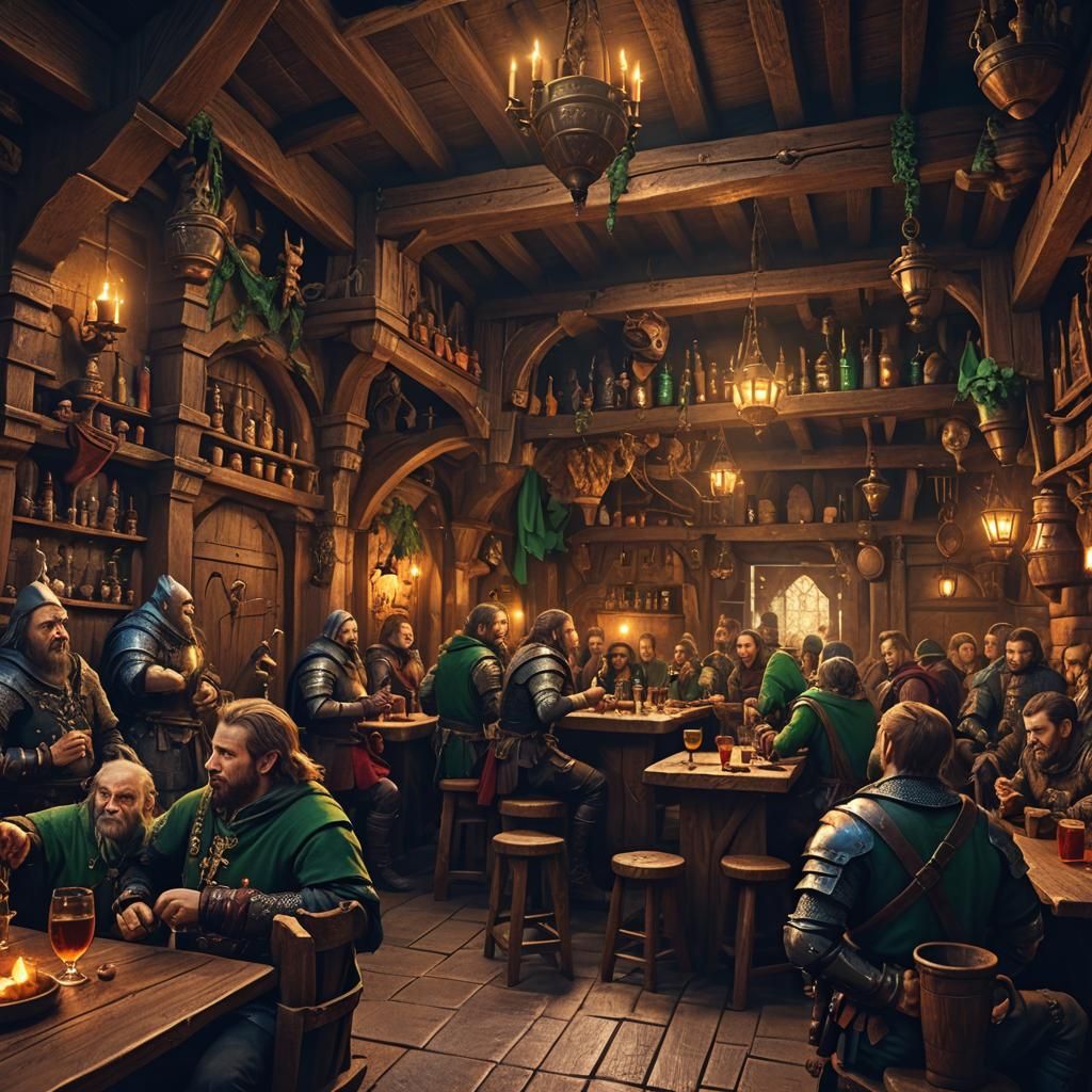 Medieval Tavern Scene with Goblins and Knights