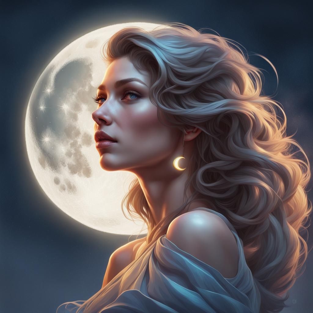 Moonlit Woman: Hyperdetailed Portrait in Art Nouveau Style