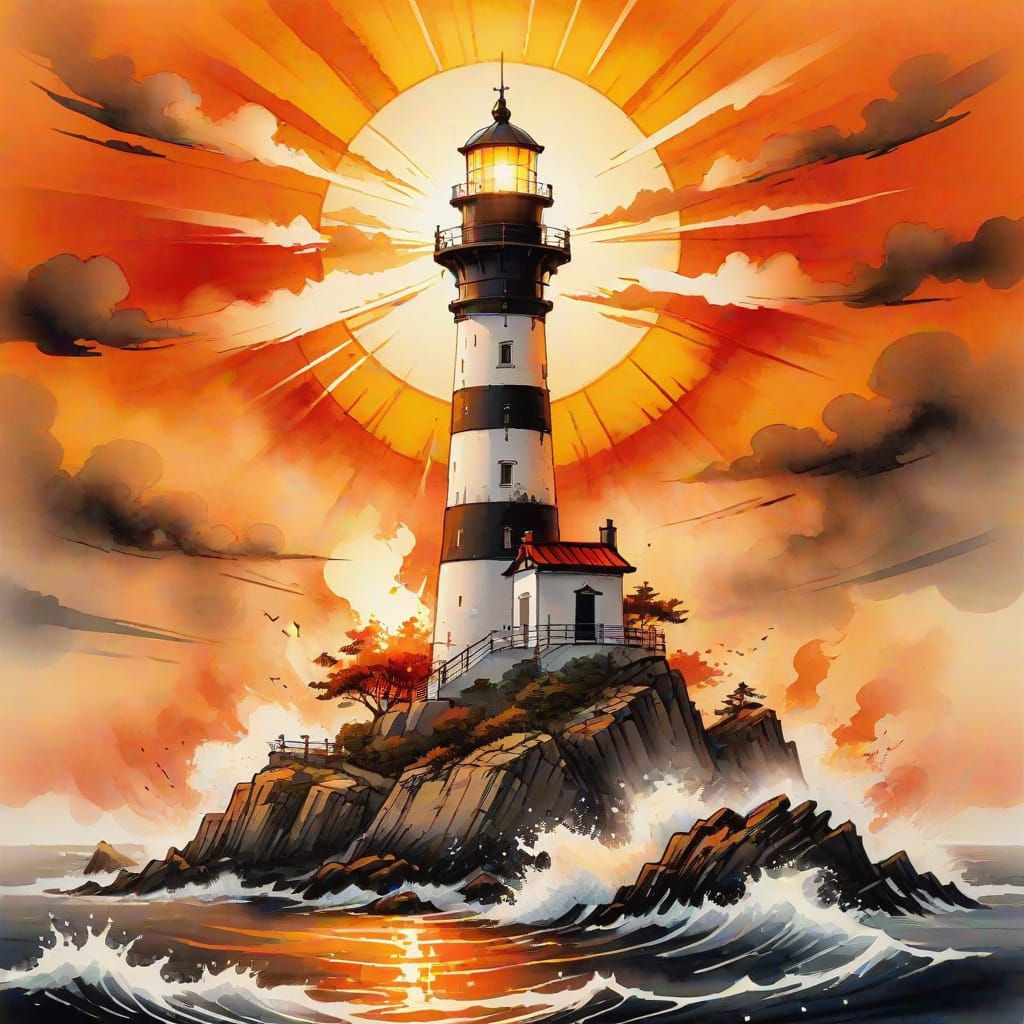 Lighthouse with Blazing Solar Background in Chinese Ink Styl...