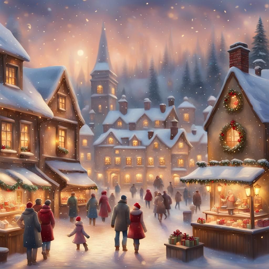Thomas Kinkade Style Christmas Village Scene with Warm and C...