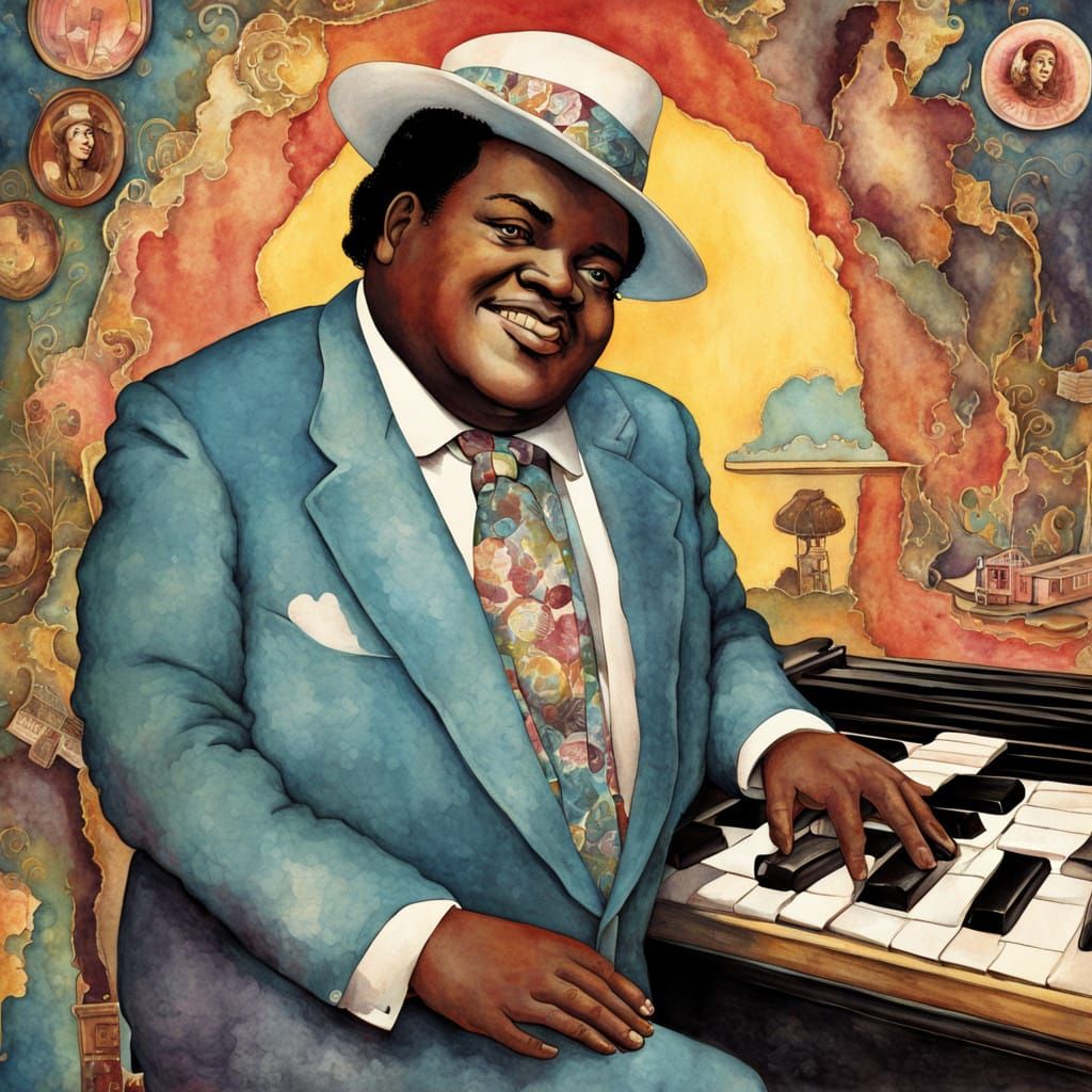 Surreal Watercolor Portrait of Fats Domino Walking